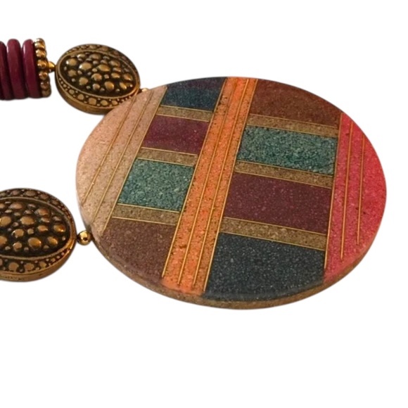 Vintage Gorgeous Sand & Bead Necklace Circle Disc Pendant, Statement, Lee Sands - Picture 6 of 16